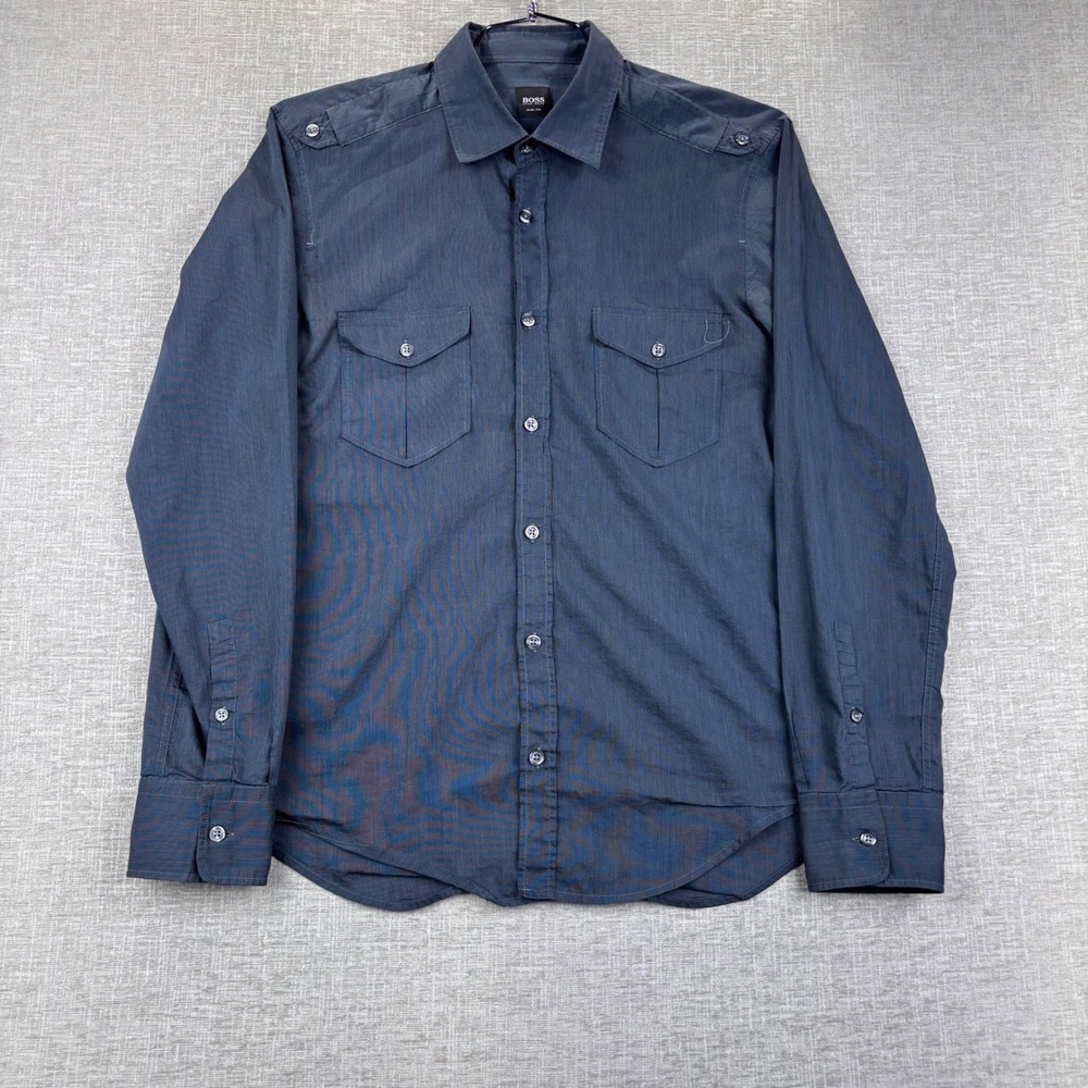 Hugo Boss Slim Fit Mens Medium Navy Blue Military Epaulet Button Down Shirt
